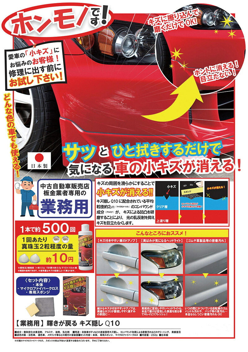業務用 車のキズ消し 傷消しワックス 車の傷を消す方法 キズ キズ隠し 簡単 修理 日本製 / 業務用 輝きが戻る キズ隠しQ10 250g
