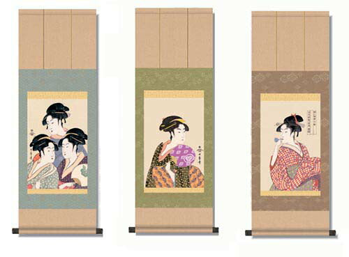 【G２-００３（団扇をもつおひさ）】歌麿 浮世絵 美人画掛軸 ３種 収納箱付き 十年間保証 受注生産品