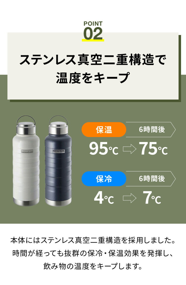 (ホワイト)マインドフリー 水筒 1L 保冷・保温 ステンレスボトル 広口設計 直飲み 真空二重構造 マグボトル 1000ml ホワイト 白 ネイビー 携帯 アウトドア キャンプ おしゃれ MF-10 MINDFREE カクセー【送料無料】