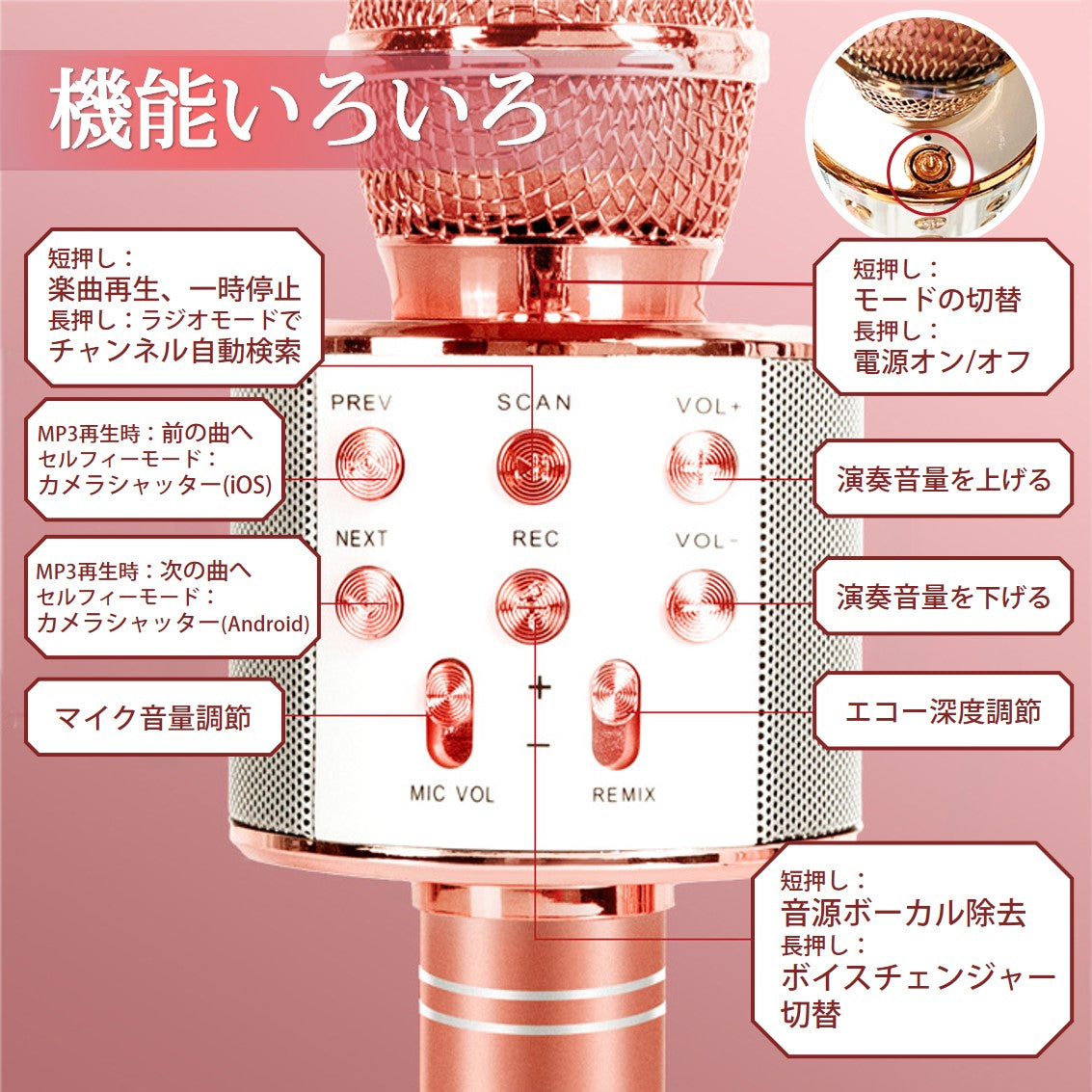 カラオケマイク ローズゴールド ワイヤレスマイク Bluetoothマイク スピーカー付き 高音質 USB充電 録音 ボーカルカット エコー 子供 クリスマス 誕生日 パーティー プレゼント