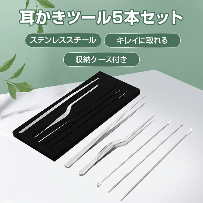 耳かき ツール 5本セット ピンセット 耳垢 掃除 除去 ステンレススチール 水洗い スッキリ ごっそり 汚れ 根こそぎ 安全 収納ケース付き