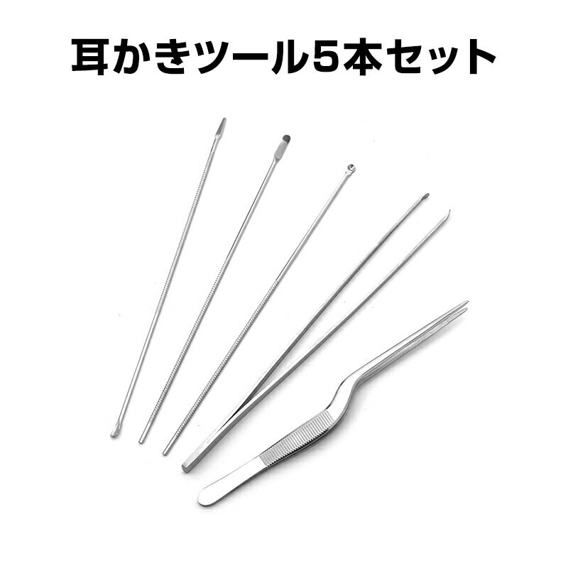 耳かき ツール 5本セット ピンセット 耳垢 掃除 除去 ステンレススチール 水洗い スッキリ ごっそり 汚れ 根こそぎ 安全 収納ケース付き