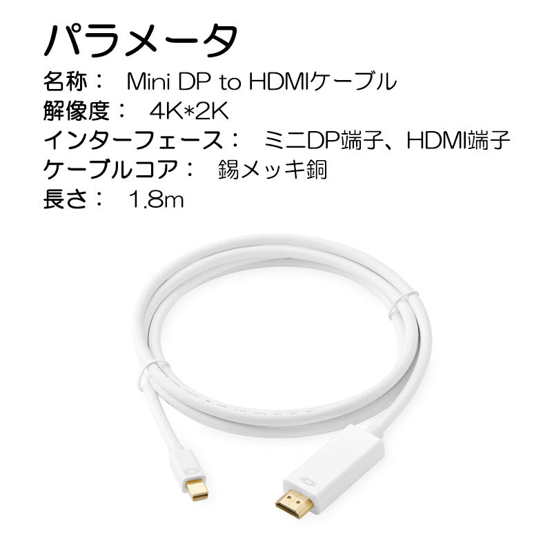 MiniDP to HDMI 4K 変換ケーブル 1.8ｍ 白色 アダプター Mini DisplayPort オス to HDMI オス MacPC ノートパソコン TV ディスプレイ