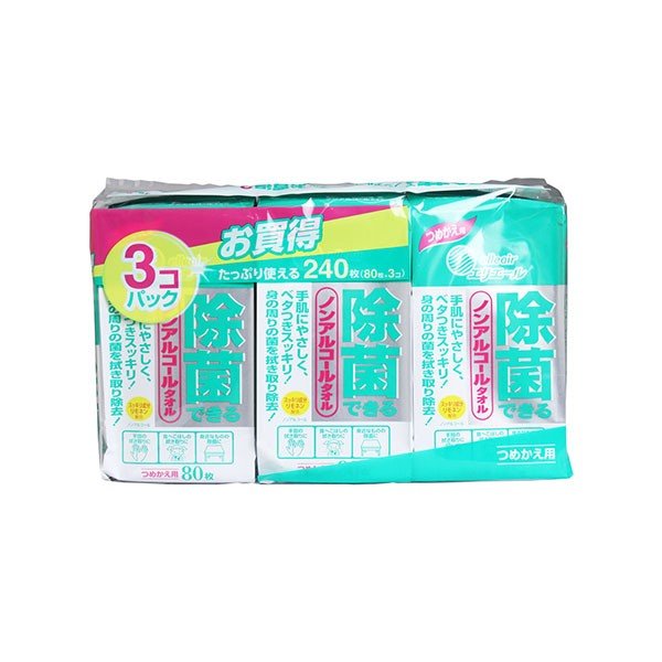ウェットティッシュ 除菌できるノンアルコールタオル 詰替用 80枚×3個パック 8個 エリエール