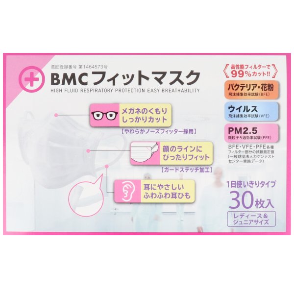 使い捨て不織布マスク BMC フィットマスク レディース＆ジュニアサイズ 30枚入りＸ5箱