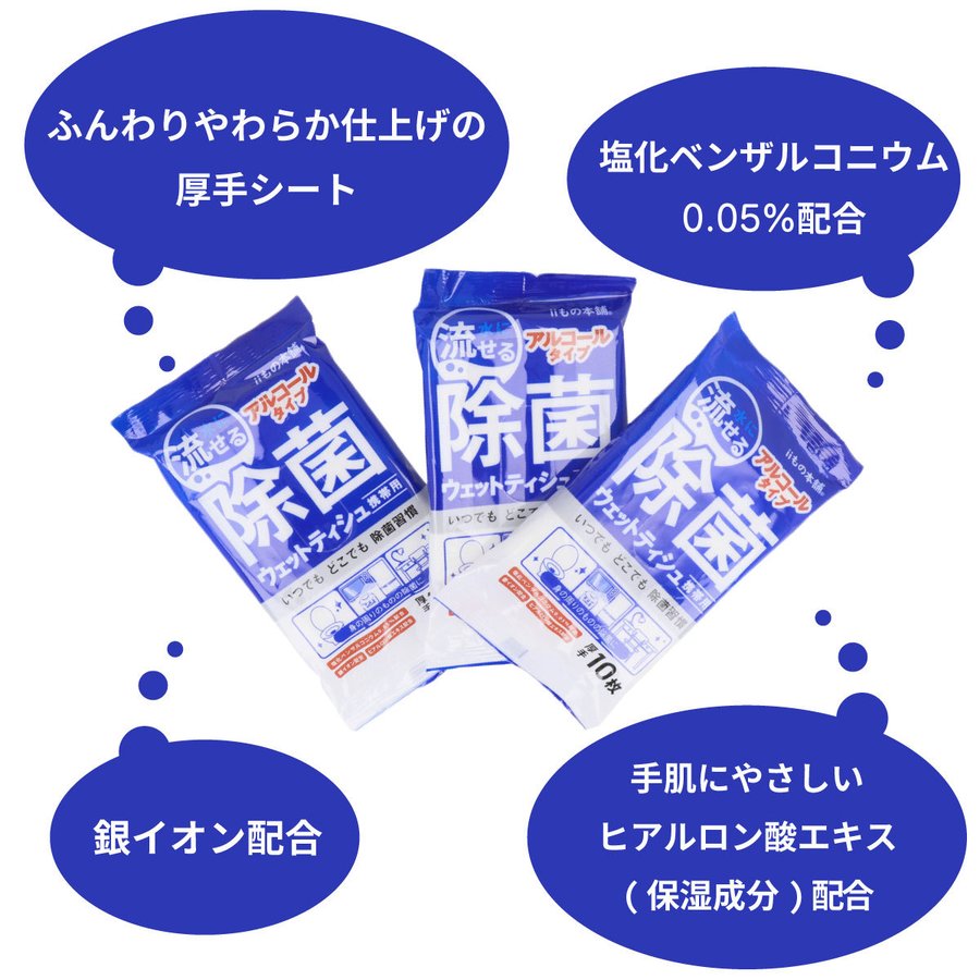 iiもの本舗 水に流せる 除菌ウエットティシュ 携帯用 アルコールタイプ 10枚り 3個Ｘ10パック KI1328