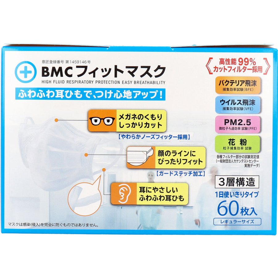 お得な5箱セット 3層不織布マスク BMC フィットマスク 1日使い切りタイプ レギュラーサイズ 60枚入りＸ5箱