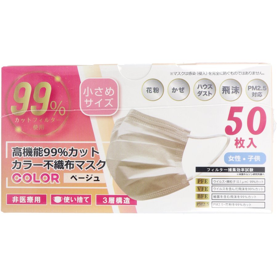 お得な5箱セット 高機能99％カット カラー不織布マスク 小さめサイズ ベージュ 50枚入りＸ5箱