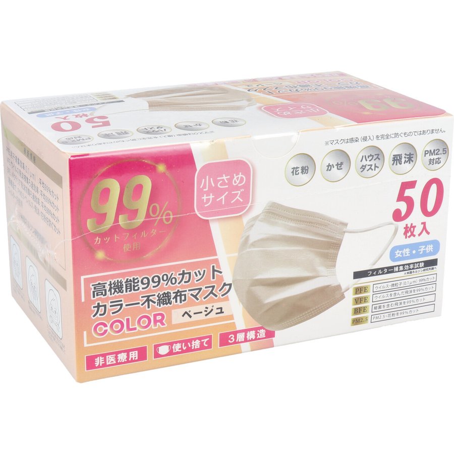 お得な5箱セット 高機能99％カット カラー不織布マスク 小さめサイズ ベージュ 50枚入りＸ5箱