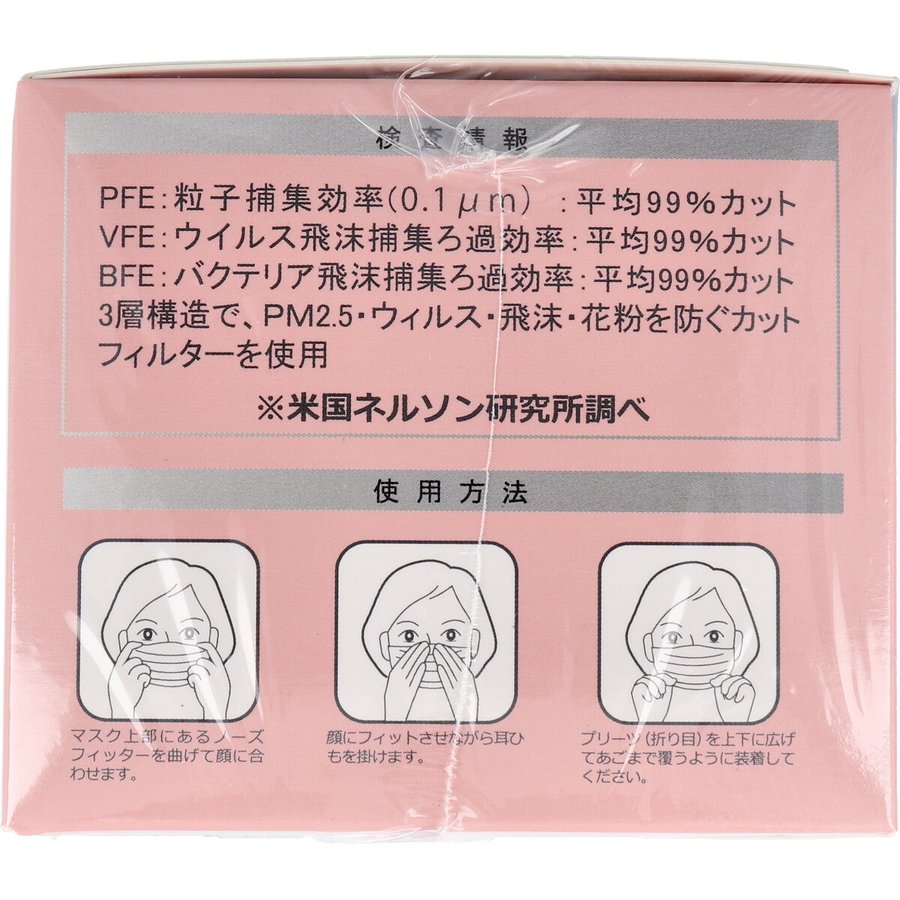 お得な5箱セット 高機能99％カット カラー不織布マスク ふつうサイズ ピンク 50枚入りＸ5箱