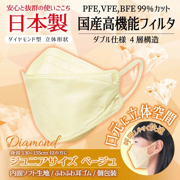 こども用日本製4層不織布マスク エスパック やさしいマスク 3D立体型 小さめジュニアサイズ ベージュ 個包装 5枚入り X6パック