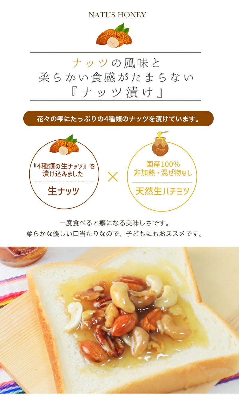 ナッツ漬け 国産 天然 生ハチミツ 120g 国産蜂蜜 瓶詰 非加熱 4種のナッツ入りハチミツ