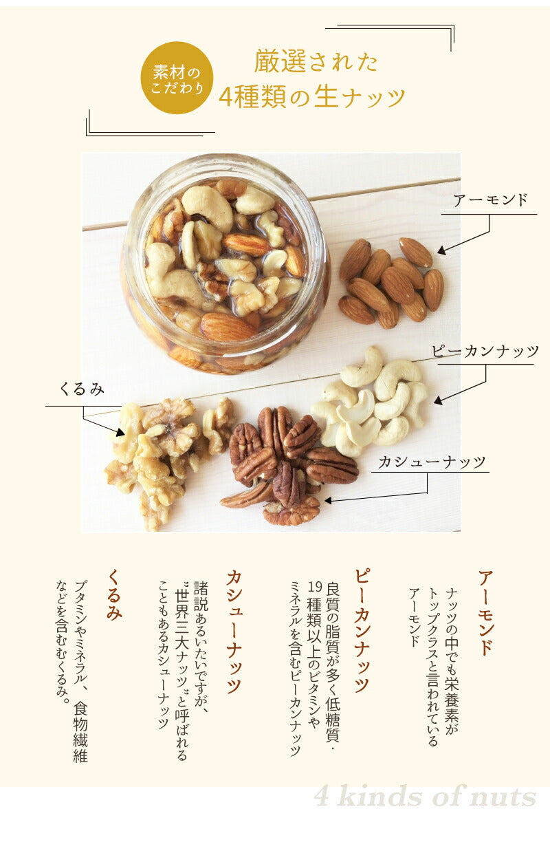 ナッツ漬け 国産 天然 生ハチミツ 120g 国産蜂蜜 瓶詰 非加熱 4種のナッツ入りハチミツ