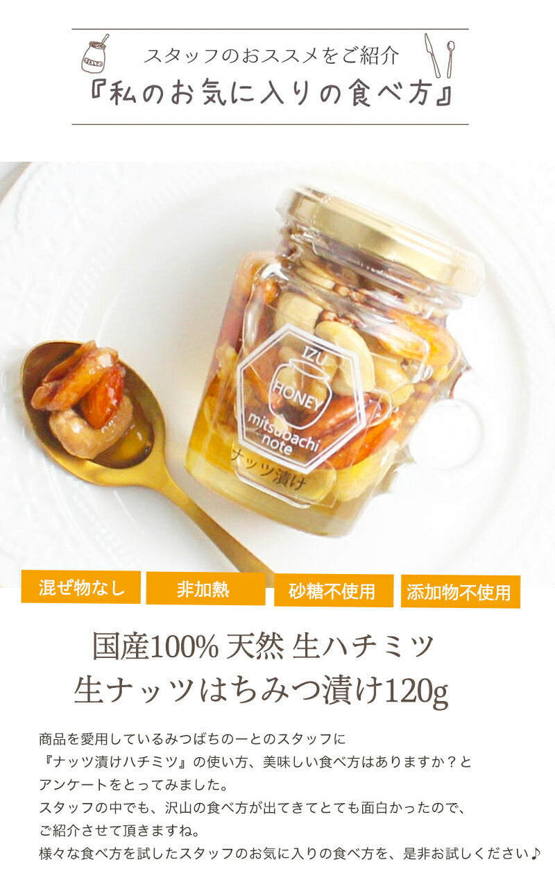 ナッツ漬け 国産 天然 生ハチミツ 120g 国産蜂蜜 瓶詰 非加熱 4種のナッツ入りハチミツ