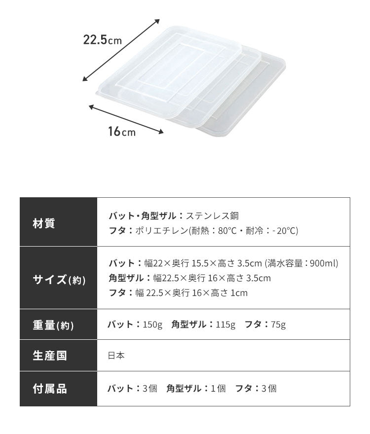 蓋付きステンレスバット・角型ザルセット 燕三条 日本製 バット 揚げ物 ケース バット&フタセット バット3個セット コンパクト【送料無料】