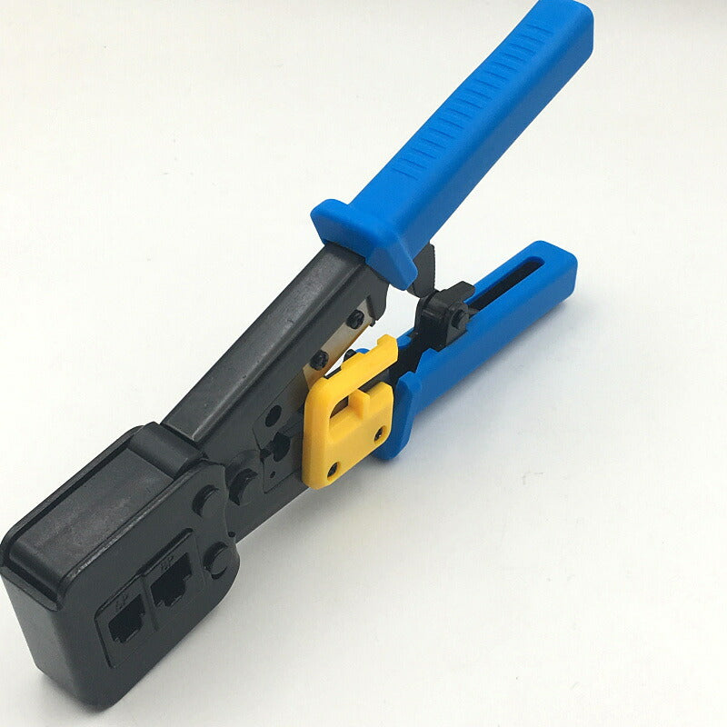 LANケーブルプラグ圧着機 貫通対応 圧着ベンチ かしめ工具 RJ45/RJ11 8P/6Pのコネクタ LAN工具 電話 モジュラー加工工具 ラチェット式 ケーブルカッター
