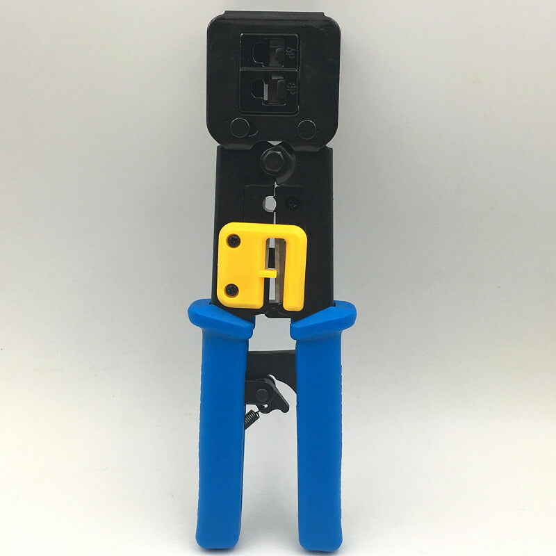 LANケーブルプラグ圧着機 貫通対応 圧着ベンチ かしめ工具 RJ45/RJ11 8P/6Pのコネクタ LAN工具 電話 モジュラー加工工具 ラチェット式 ケーブルカッター