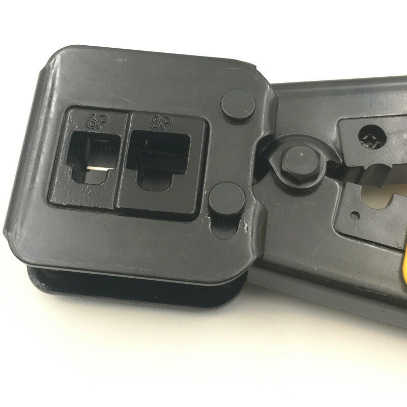 LANケーブルプラグ圧着機 貫通対応 圧着ベンチ かしめ工具 RJ45/RJ11 8P/6Pのコネクタ LAN工具 電話 モジュラー加工工具 ラチェット式 ケーブルカッター