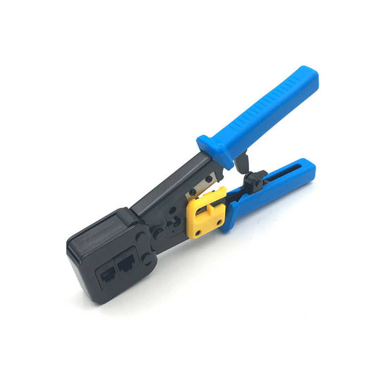 LANケーブルプラグ圧着機 貫通対応 圧着ベンチ かしめ工具 RJ45/RJ11 8P/6Pのコネクタ LAN工具 電話 モジュラー加工工具 ラチェット式 ケーブルカッター