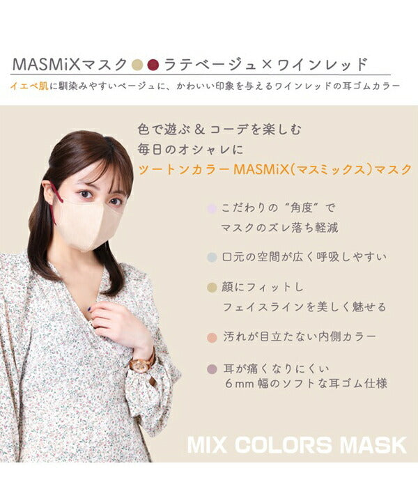 (ラテベージュxワインレッド)【5個同色セット】 MASMIX 7枚入 マスク マスミックス カラーマスク ツートン ツートンマスク 川本産業 おしゃれ ツートンカラー(代引不可)【メール便配送】【送料無料】