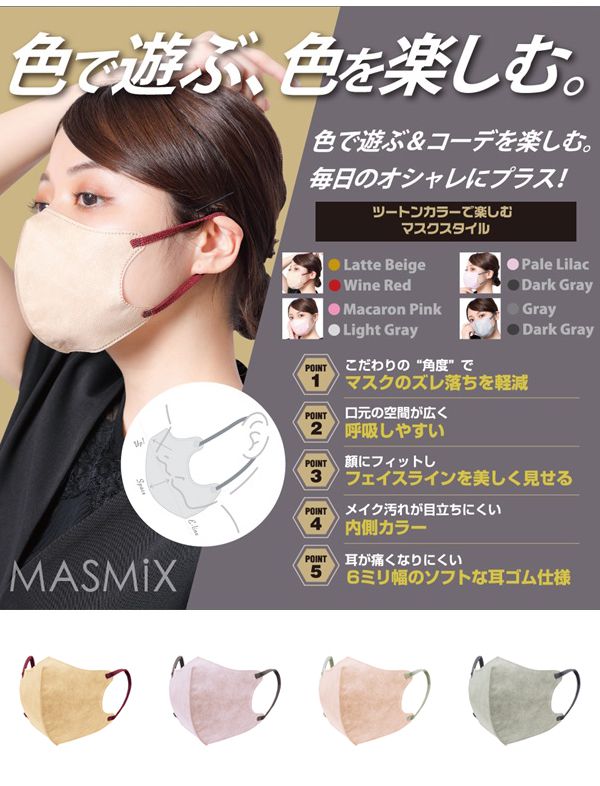 (ペールライラックxダークグレー)【5個同色セット】 MASMIX 7枚入 マスク マスミックス カラーマスク ツートン ツートンマスク 川本産業 おしゃれ ツートンカラー(代引不可)【メール便配送】【送料無料】