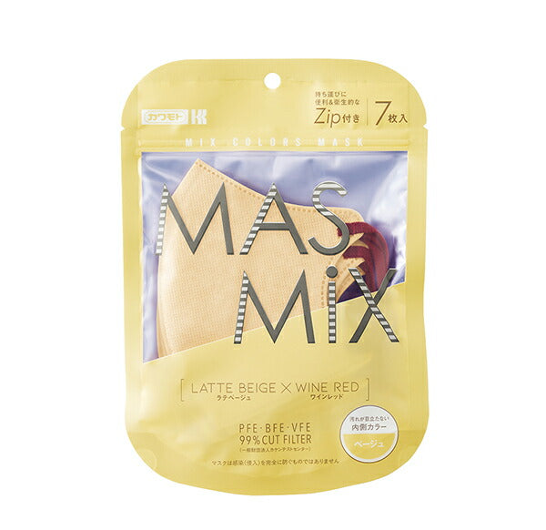 (ラテベージュxワインレッド)【5個同色セット】 MASMIX 7枚入 マスク マスミックス カラーマスク ツートン ツートンマスク 川本産業 おしゃれ ツートンカラー(代引不可)【メール便配送】【送料無料】