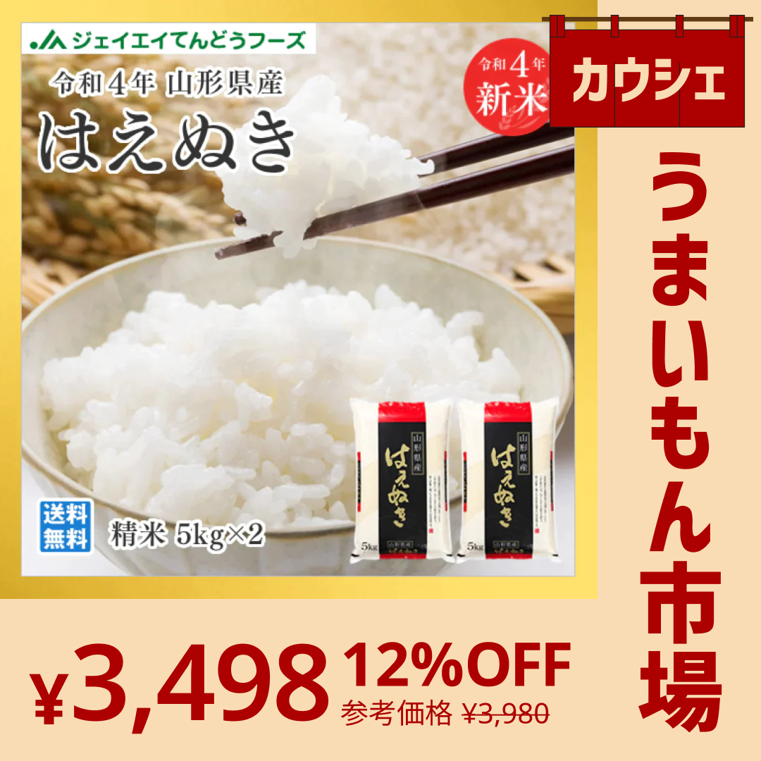 【カウシェうまいもん市場】米 送料無料 10kg 令和4年産 山形県産 はえぬき精米 10kg(5kg×2) 送料無料※一部地域を除く【最安値に挑戦】