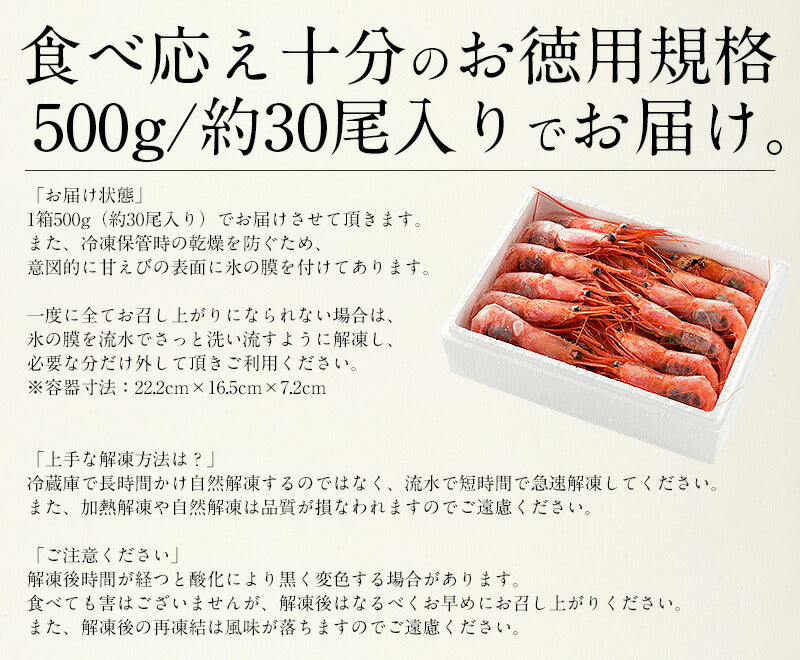 【SUPER在庫処分市】越前産 甘えび 子持ち特大サイズ 500g（約30尾入り） 甘エビ 刺身用 ［送料無料］ 産地直送 海鮮 エビ セット 海老 大 甘海老 美味しい 大きい えび 冷凍えび 冷凍エビ 食品ギフト ごちそう 贈り物 贈答 母の日 プレゼント ギフト
