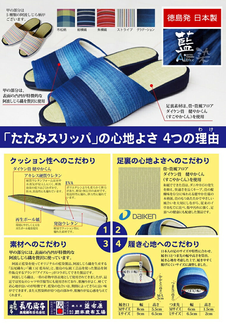徳島県工芸品 スリッパ 阿波しじらタタミスリッパ グラデーション（Ｌサイズ１足袋入り）