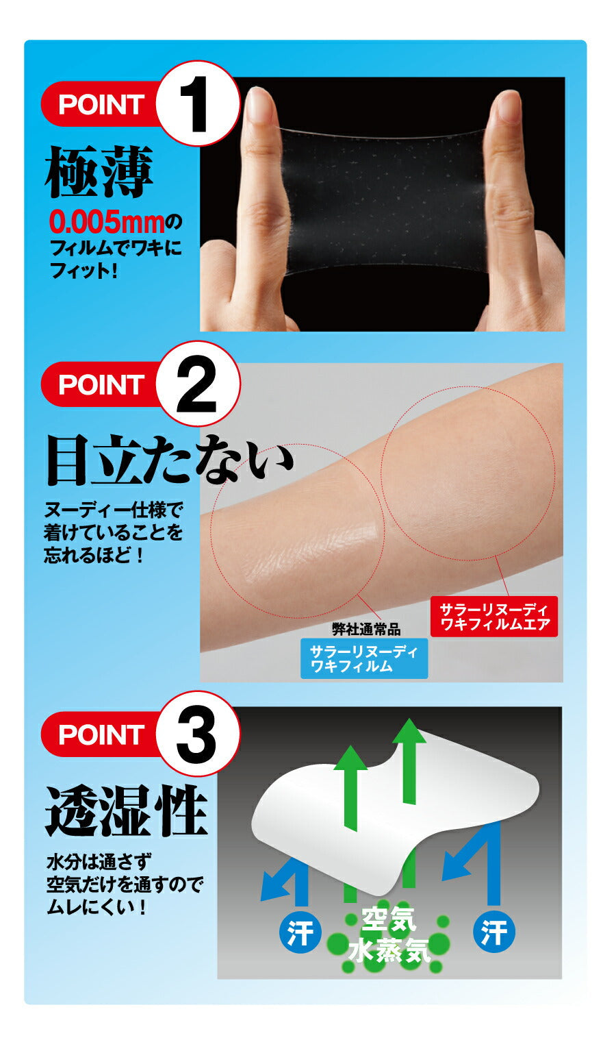 【20枚】脇汗パッド 脇汗シート ワキ汗 ワキガ 腋臭 直貼り 汗染み防止 汗を止める 汗対策グッズ / サラーリ ヌーディーワキフィルム エア