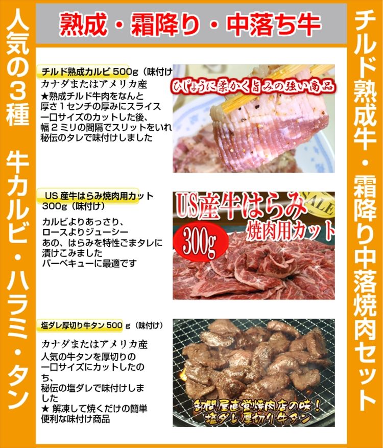 チルド熟成牛・霜降り中落焼肉セット1300g