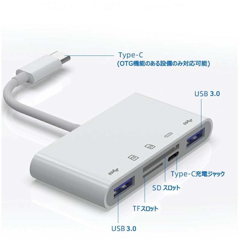 白TypeCハブ 5in1 タイプc 変換アダプターケーブル iPad Type-C Hub 多機能 USB3.0ポート microSD/TF/SDカードリーダー 急速充電 高速データ転送 USB-C ハブ