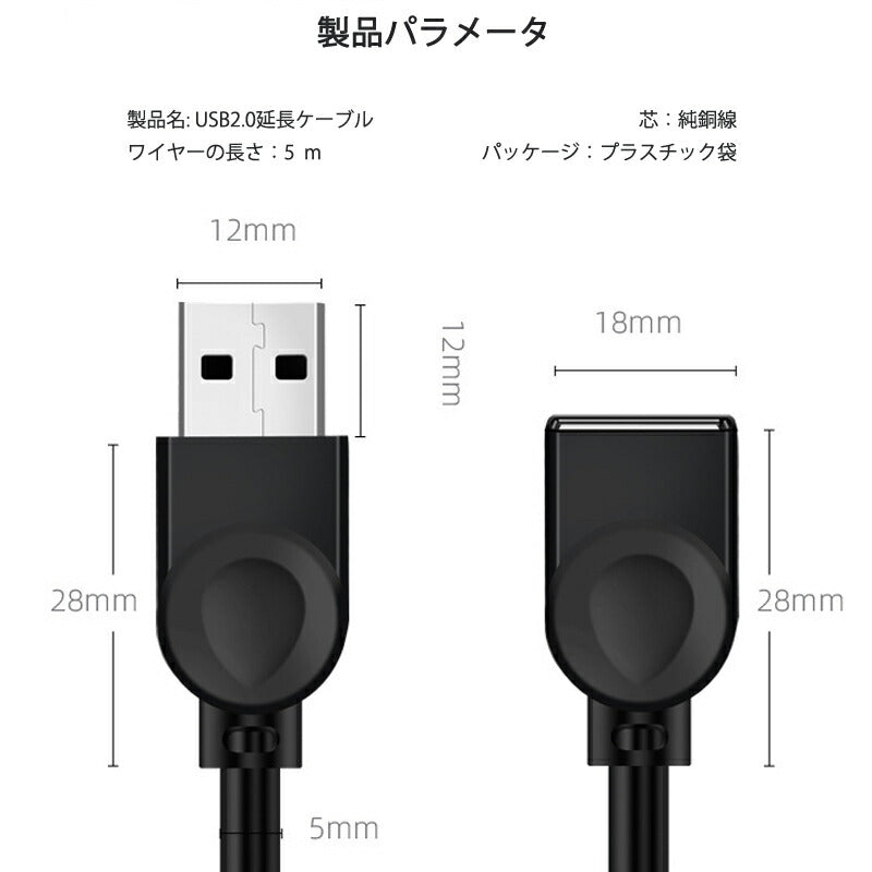 USB延長ケーブル 5m USB2.0 延長コード5メートル USBオスtoメス データ転送 パソコン テレビ USBハブ カードリーダー ディスクドライバー 対応