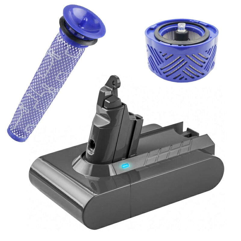 ダイソン V6 バッテリー フィルター お得3点セット 3000mAh dyson V6 SV07 SV09 DC58 DC59 DC72互換バッテリー 21.6V 3.0Ah 認証済み 掃除機パーツ 交換用