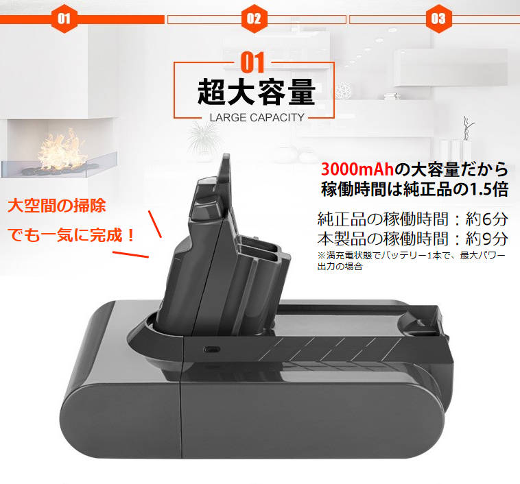 ダイソン バッテリー 互換 3000mAh dyson V6 SV07 SV09 DC58 DC59 DC72互換 21.6V 3.0Ah 認証済み 壁掛けブラケット対応 掃除機パーツ 交換用充電電池
