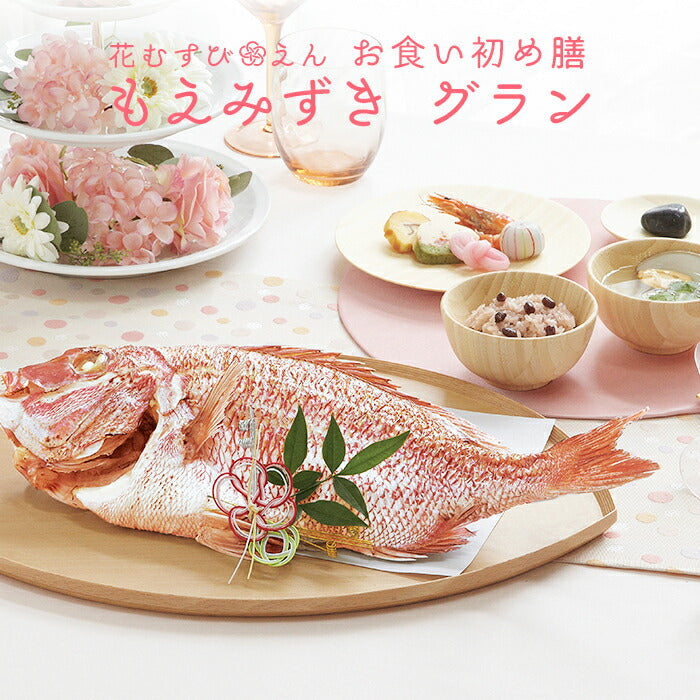 ★非掲載★お食い初め セット 料理 【花むすび・えん お食い初め膳 -もえみずきグラン-】これ1つで簡単本格お食い初め 国産天然真鯛 歯固め石 料理 手引書 パーティー 出産祝い お正月 ギフト 宅配