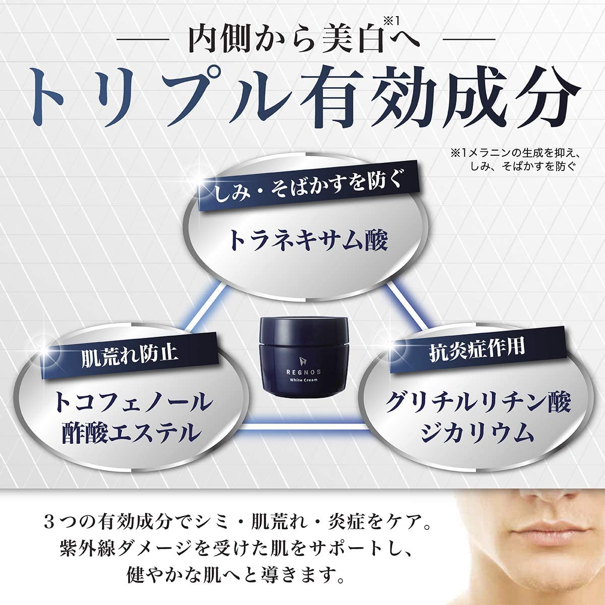 【3人シェア買いでお得】メンズ　薬用ホワイトクリーム　医薬部外品　美白　シミ　くすみ　そばかす　REGNOS（レグノス）男性用