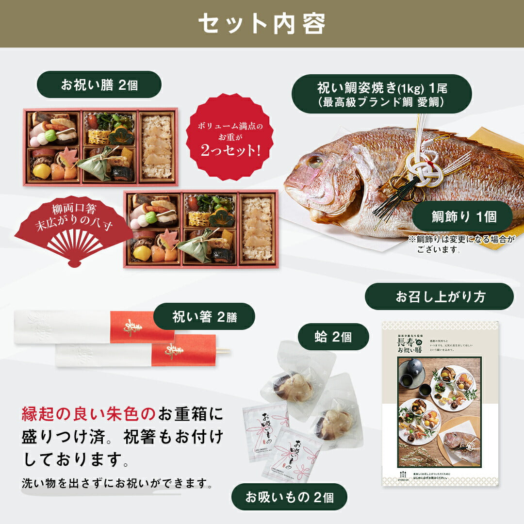 ギフト お祝い料理 【服部幸應先生監修 長寿のお祝い膳 お重2個＋祝い鯛(大)セット】 （風呂敷の色：白）還暦 古希 喜寿 傘寿 米寿 白寿 卒寿 百寿 惣菜 ギフト プレゼント おせち 記念日 誕生日 金芽ロウカット玄米 送料無料