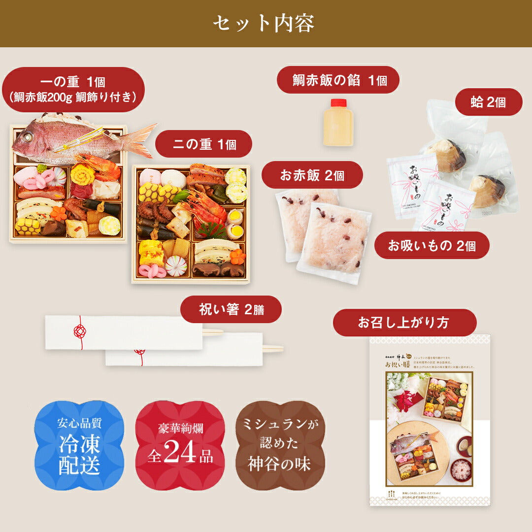 お祝い 料理 【日本料理神谷監修 お祝い膳 二段重 鯛赤飯】  ミシュラン 名店 ギフト 記念日 誕生日 敬老の日 プレゼント お中元 御中元 送料無料 お取り寄せ グルメ 内祝 贈り物 食品 高級 詰め合わせ 鯛 蛤 赤飯 お重 和食 祝い 冷凍