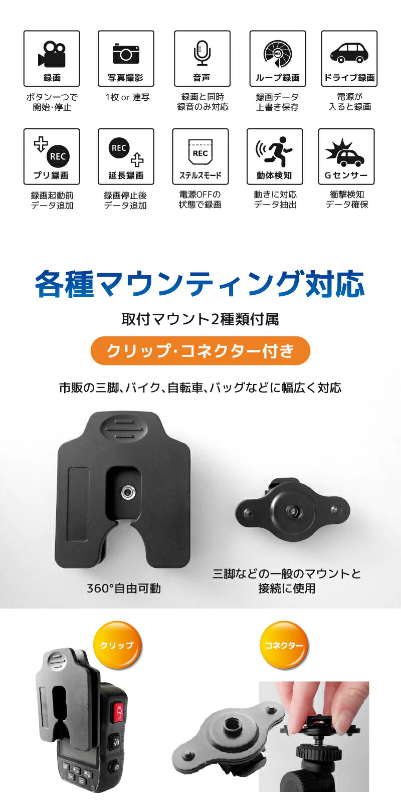 バイク ドライブレコーダー 防水 TOUGH(タフ) モバイルレコーダー FT-V5-Ｘ064【64GB】自転車ドライブレコーダー 小型 自転車 バイク 小型 軽量ドラレコ モニター 耐衝撃 防水 IP67 HDR フルHD1296P