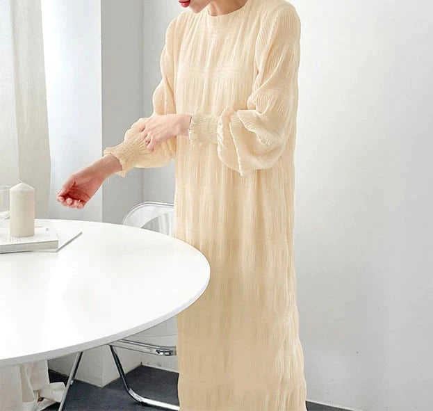 【超得ハイパーSALE】シャーリングシフォンワンピース（アイボリー/長袖/Mサイズ）