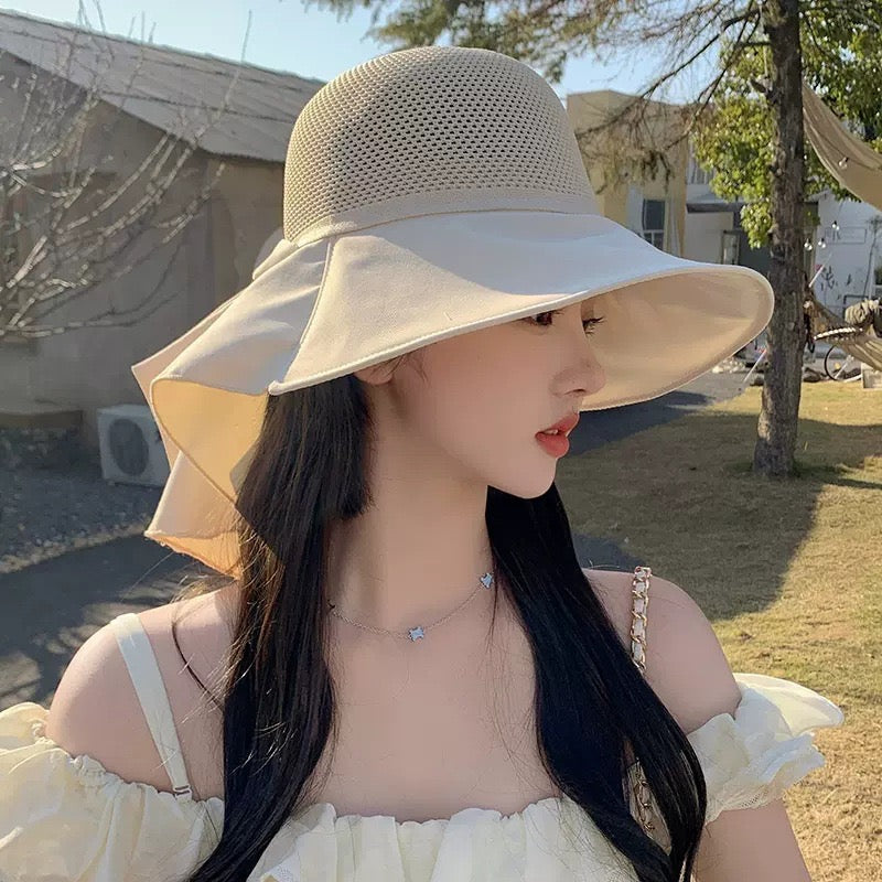 アイボリー 日焼け止め帽子 全５色 UVカット サンシェード アウトドア レディース帽子 麦わら帽子 バケットハット フラップ 遮熱タレ付きメッシュ バックロング リボン 紫外線対策 日焼け防止 小顔効果 つば広