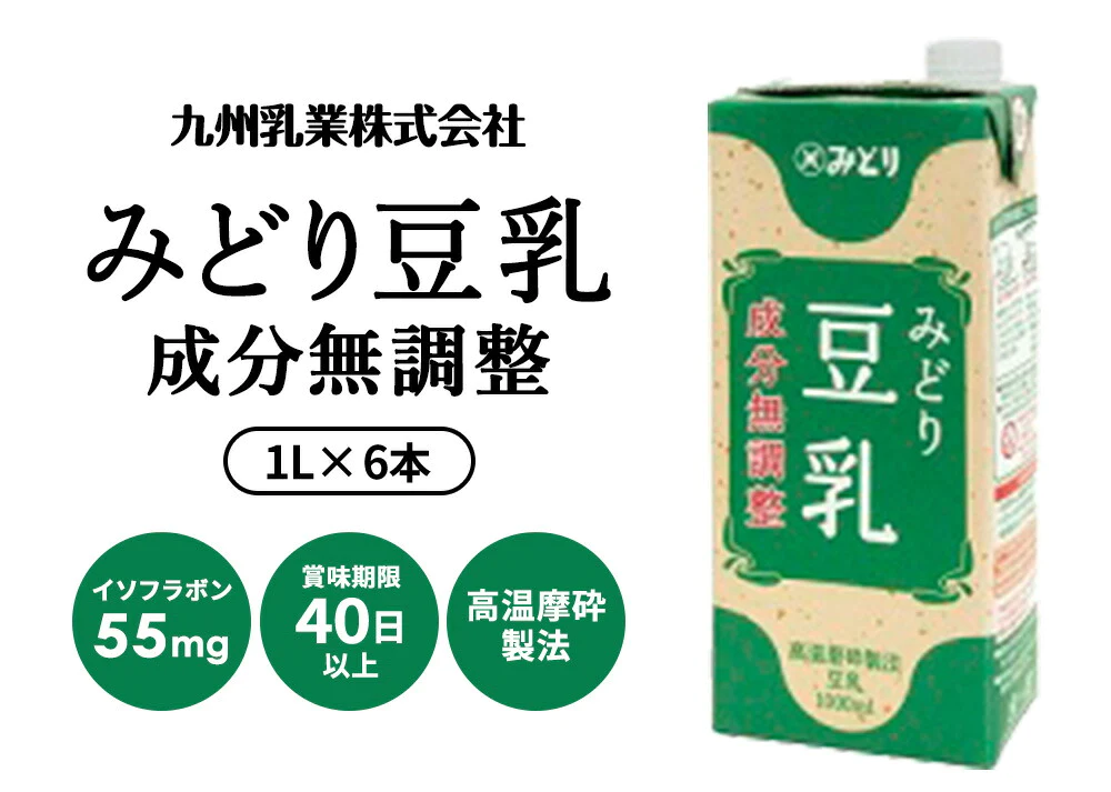 九州乳業　みどり豆乳　成分無調整豆乳　1L紙パック×24本[6本×4ケース]［賞味期限：製造日より120日］［送料無料］【3~4営業日以内に出荷】ヘルシー 大豆 たんぱく質 イソフラボン アイス 糖質 1000ml 1リットル