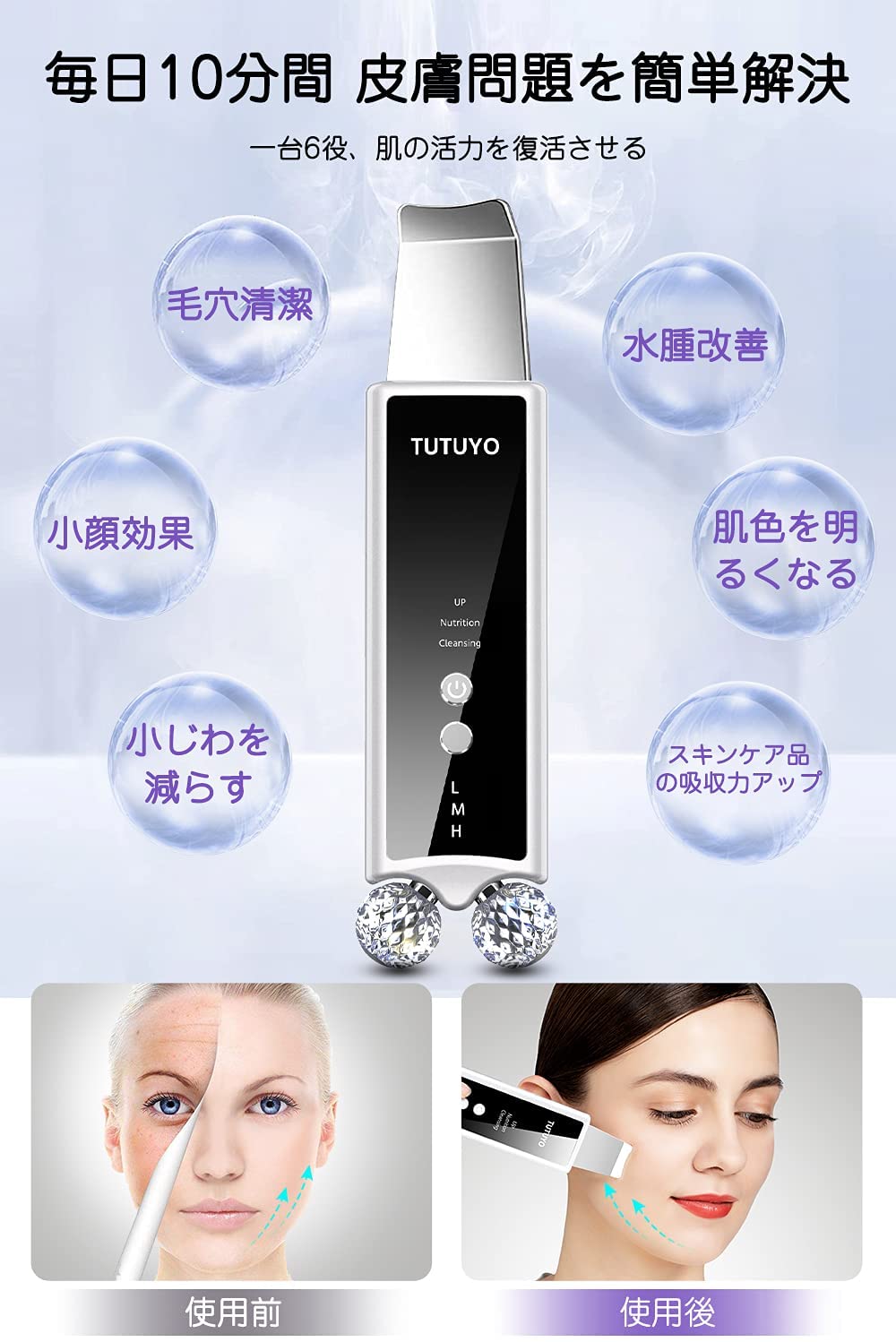 超音波 美顔器 ウォーターピーリング EMS 美顔ローラー搭載 イオン導入出 ピーリング 洗顔 洗顔クレンジング スキンケア 素肌ケア 多機能美顔器 イオン導入 イオン導出 USB充電式 フェイスケア 毛穴清潔 顔 ボディ むくみ 改善 送料無料