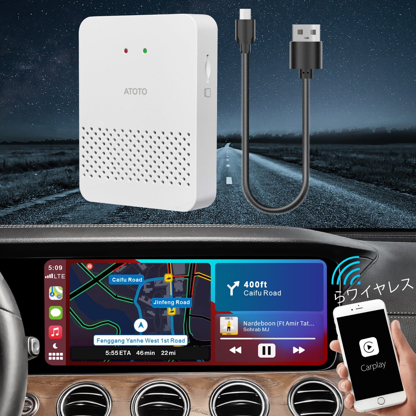 【ATOTO正規品 AD3WCP-A CarPlay ワイヤレスアダプター】atoto最新型 カープレイ 有線CarPlay アフターマーケット ヘッドユニット ワイヤレス カープレイワイヤレス化 ドングル Toyota/Nissan/Honda/ Mazda/Lexus/Subaru ケーブル付き 有線 無線 カープレイ カー用品