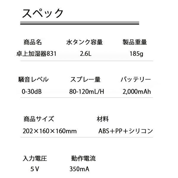 【ブラック】加湿器 オフィス 卓上 大容量 超音波 充電式 2.6L