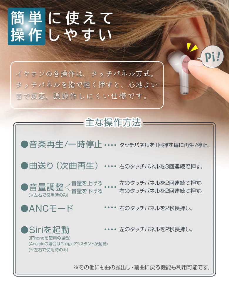 【ホワイト】ワイヤレスイヤホン ノイズキャンセリング ANC Bluetooth5.1 iPhone  アンドロイド 高音質 自動ペアリング  アクティブノイズキャンセリング Android 片耳【エコ得】