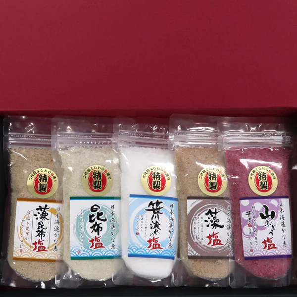 【越後塩】笹川流れの塩 五塩ギフトセット 180g×5 天然粗塩 藻塩 昆布塩 藻昆布塩 葡萄塩