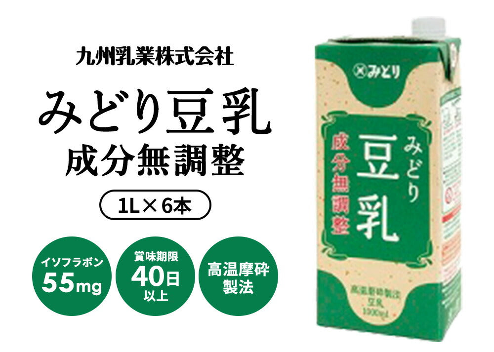 九州乳業　みどり豆乳　成分無調整豆乳　1L紙パック×6本［賞味期限：製造日より120日］［送料無料］【3~4営業日以内に出荷】ヘルシー 大豆 たんぱく質 イソフラボン アイス 糖質 1000ml 1リットル