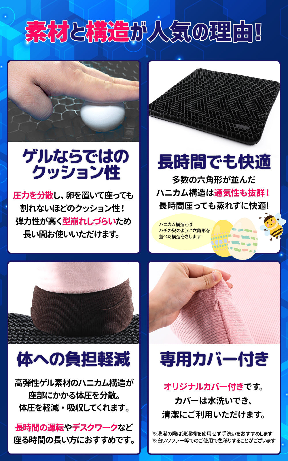 ジェルクッション 超特大 【ブルー】 極厚 60x60x5cm ゲルクッション 無重力クッション　在宅勤務 ハニカム ゲルシートクッション 2重構造 クッションカバー 付き 卵 割れない デスクワーク 座布団 お尻が痛くならない  椅子 ざぶとん 便利 腰痛 腰楽 体圧分散 通気性 蒸れない